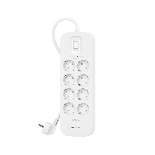 Överspänningsskydd 8 kontakter + 2 USB-C portar 30W PD