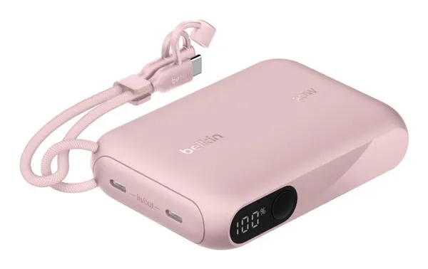 BoostCharge - Power bank - med display - 10000 mAh - 20 watt - PD - 2 utdatakontakter (USB-C) - på kabel: USB-C - rosa