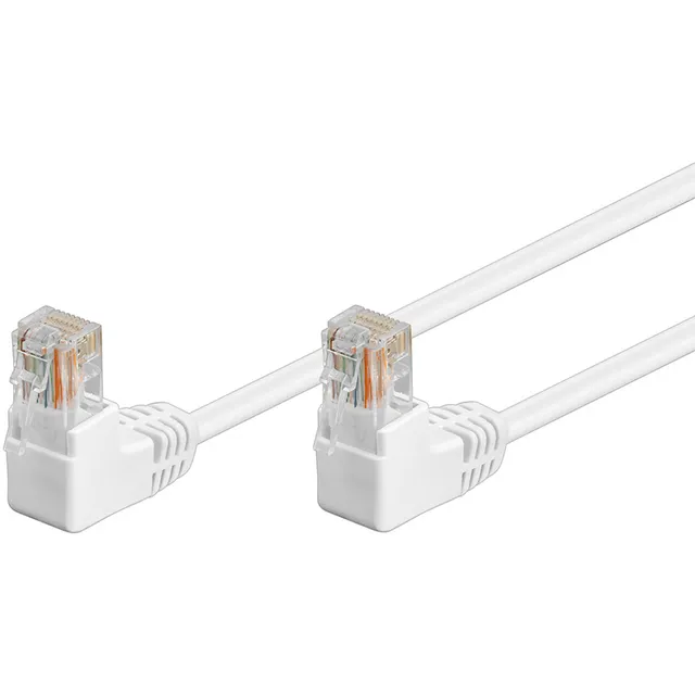 Patchkabel CAT 5e, 2x 90° vinklad, U/UTP, vit, 0,5 m kopparklädd aluminiumtråd (CCA), 2x RJ45-plugg 90 ° (8P8C)