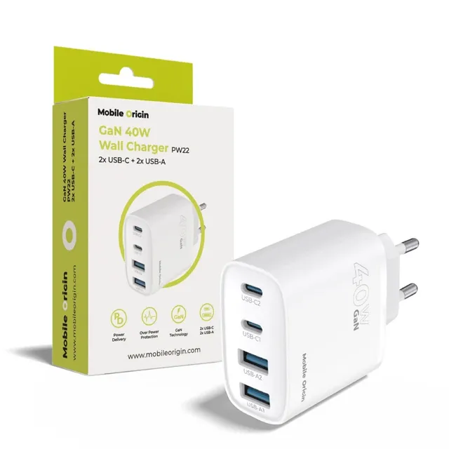 40W GaN Wall Charger PW22 - 2x USB-C + 2x USB-A
