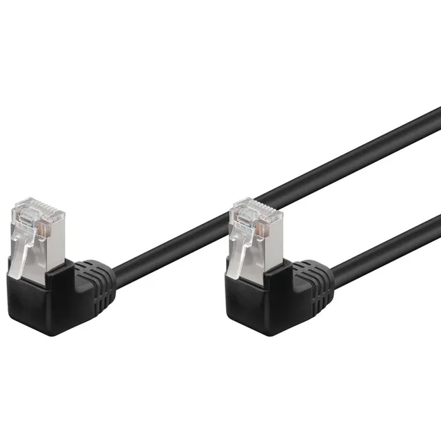 Patchkabel CAT 5e, 2x 90° vinklad, F/UTP, svart, 1 m kopparklädd aluminiumtråd (CCA), 2x RJ45-plugg 90 ° (8P8C)