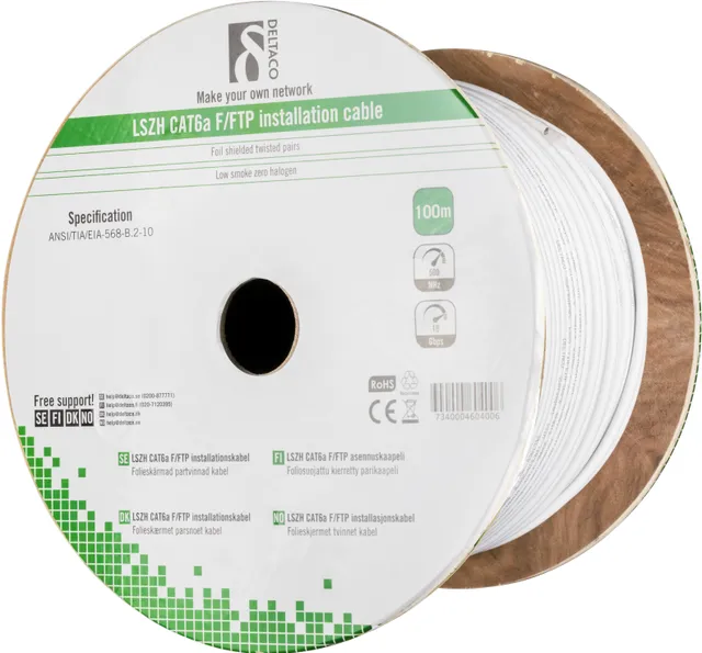 F/FTP folieskärmad inst.kabel, Cat6a, LSZH , 100m rulle, vit (TP-50C)