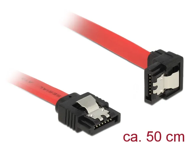 SATA3 kabel DeLOCK, med lås-clips, vinklad nedåt-rak, 50 cm - Röd
