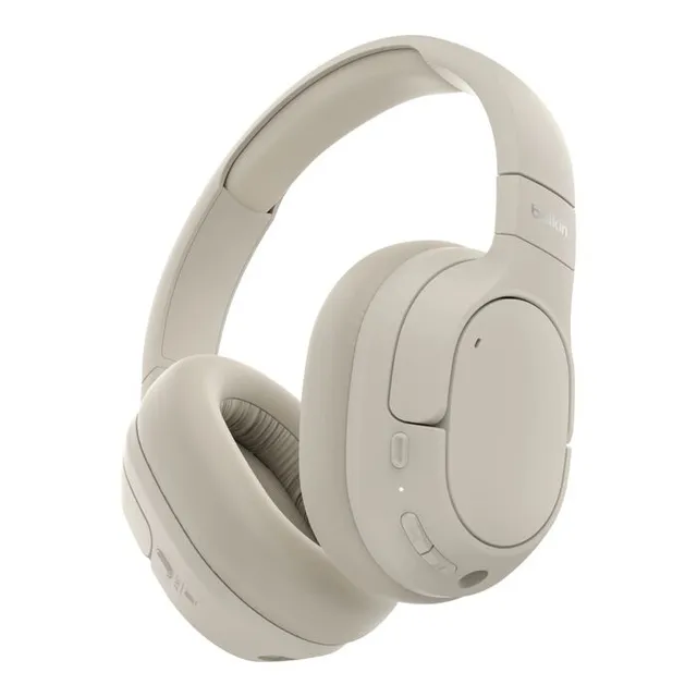 Belkin SoundForm Isolate - Hörlurar med mikrofon - fullstorlek - Bluetooth - trådlös, kabelansluten - aktiv brusradering - USB-C, 3,5 mm kontakt - ljudisolerande - sand