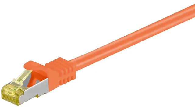 RJ45 patchkabel S/FTP (PiMF), 500 MHz, med CAT 7 råkabel, orange, 1 m LSZH halogenfri kabelhölje, koppar, RJ45-kontakt (CAT 6A)