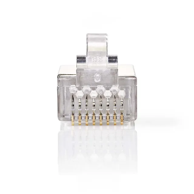 RJ45-kontakt | Hane | Strandad STP CAT6 | Rak | Guldplaterad | 10 st. | Polycarbonate | Transparent | Låda