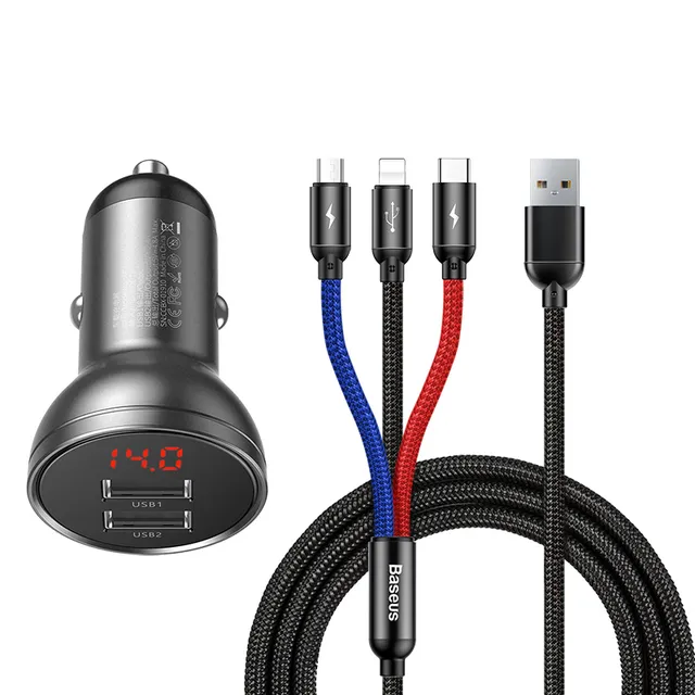 car charger with 24W display + 3in1 Three Primary Colors USB cable 1.2m
