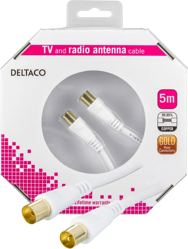 Antennkabel med guldplätterade kontakter - 5m - Vit