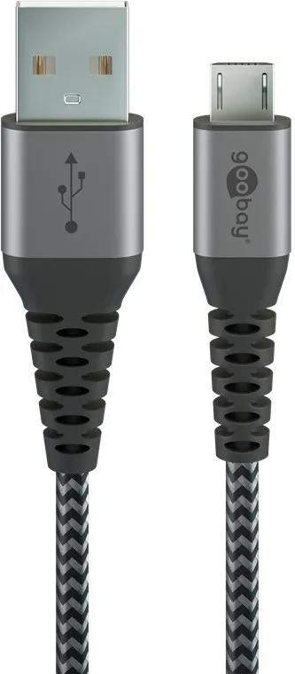 Micro-USB till USB-A textilkabel med metallkontakter 1 m elegant och extra robust anslutningskabel för enheter med Micro-USB-anslutning