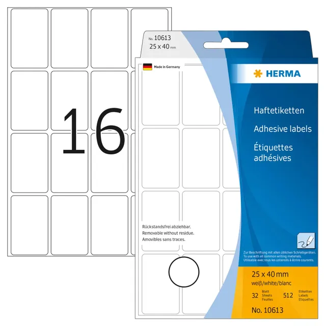 Movables - Papper - självhäftande - vit - 25 x 40 mm 512 etikett (er) (32 ark x 16) etiketter