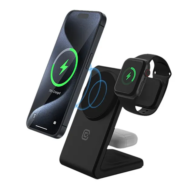 MagSpot Pivot Stand - 3-in-1 Wireless Charger with MagSafe for iPhone Apple Watch and AirPods - Black